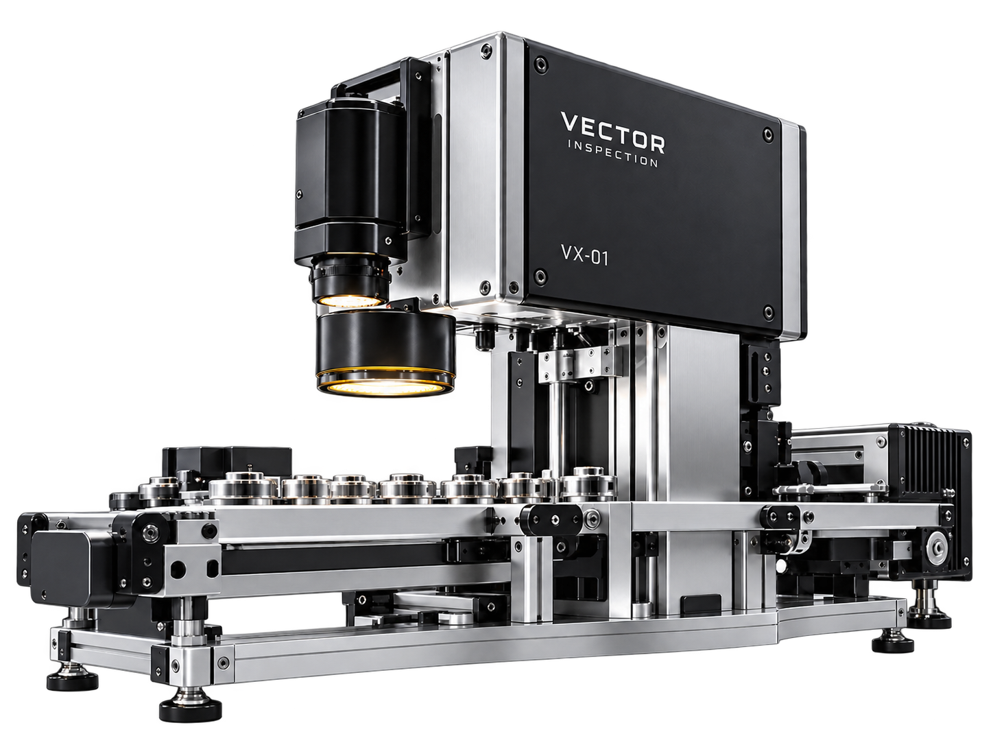 VX-01の産業用カメラ、測定ヘッドと搬送ライン